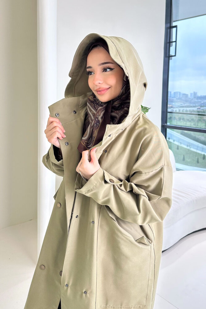 Woné Kapüşonlu Geniş Cepli Trençkot - Haki - 2