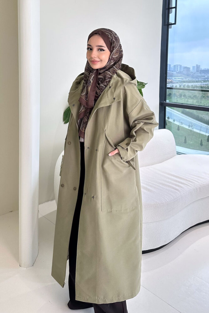 Woné Kapüşonlu Geniş Cepli Trençkot - Haki - ALLMİSS (2)