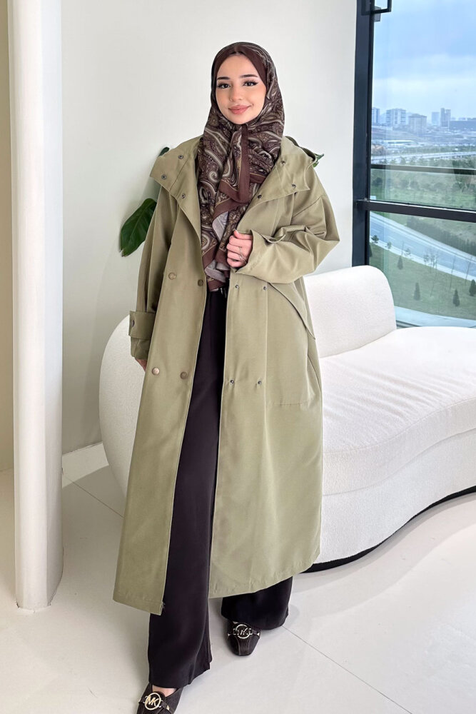 Woné Kapüşonlu Geniş Cepli Trençkot - Haki - ALLMİSS (3)