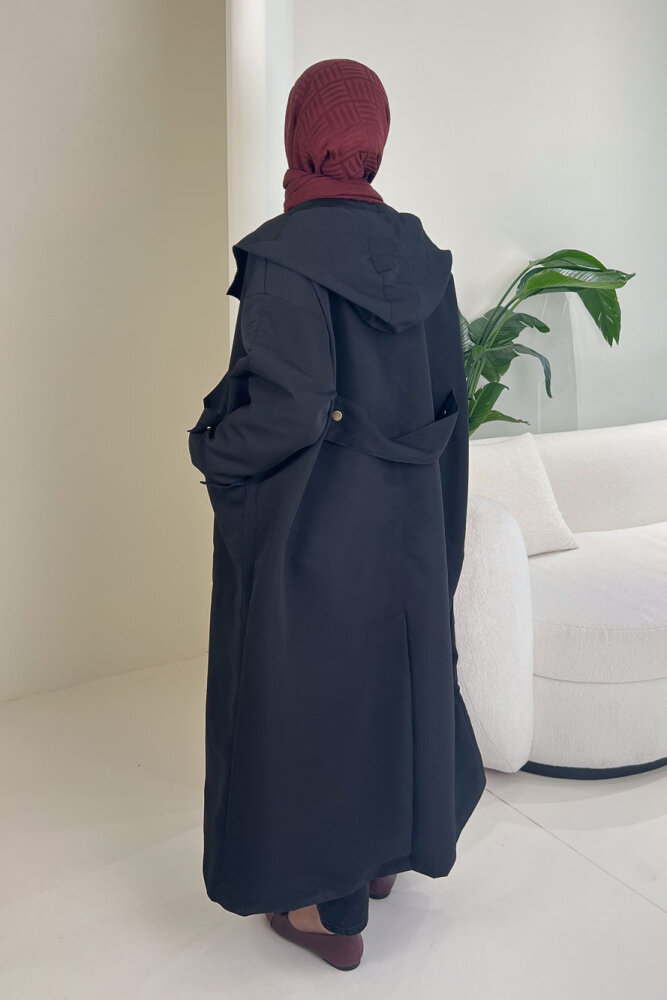 Woné Kapüşonlu Geniş Cepli Trençkot - Siyah - 4