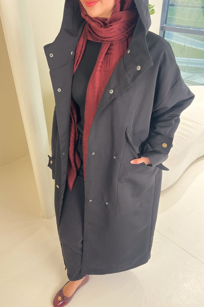 Woné Kapüşonlu Geniş Cepli Trençkot - Siyah - ALLMİSS (5)