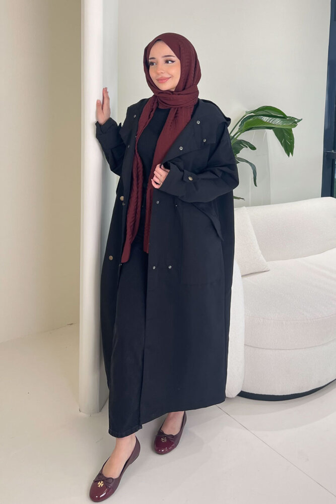 Woné Kapüşonlu Geniş Cepli Trençkot - Siyah - 1