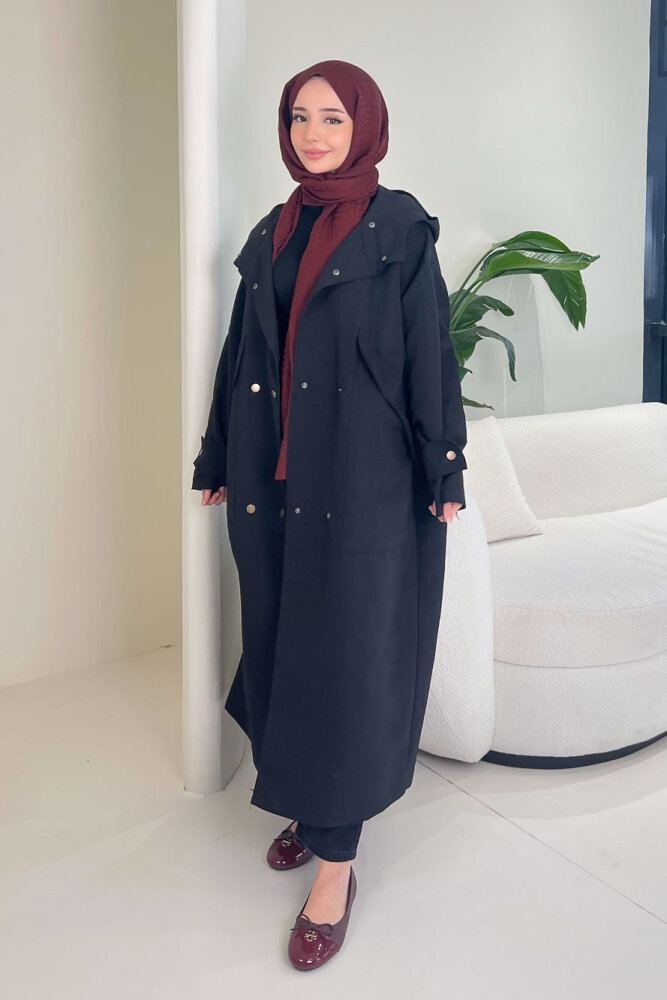 Woné Kapüşonlu Geniş Cepli Trençkot - Siyah - ALLMİSS (2)