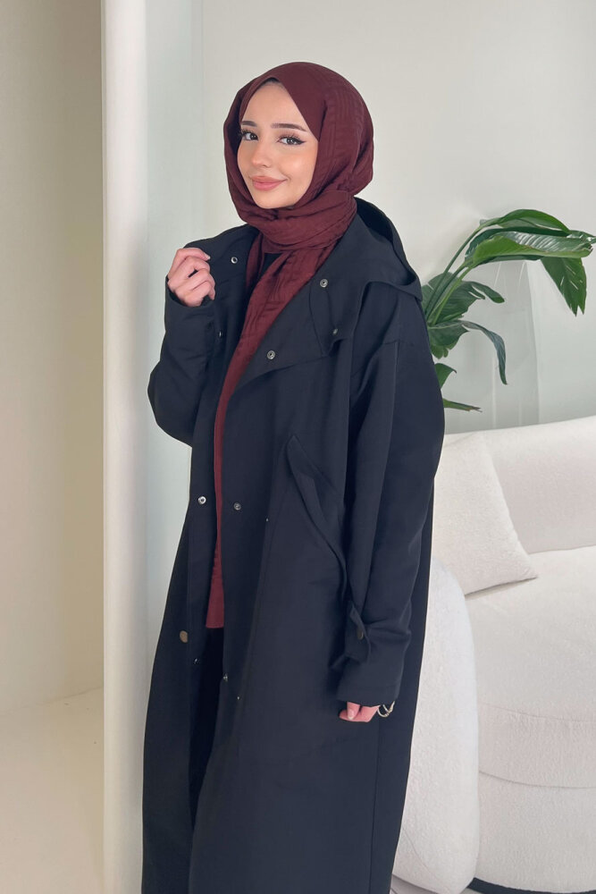 Woné Kapüşonlu Geniş Cepli Trençkot - Siyah - 5