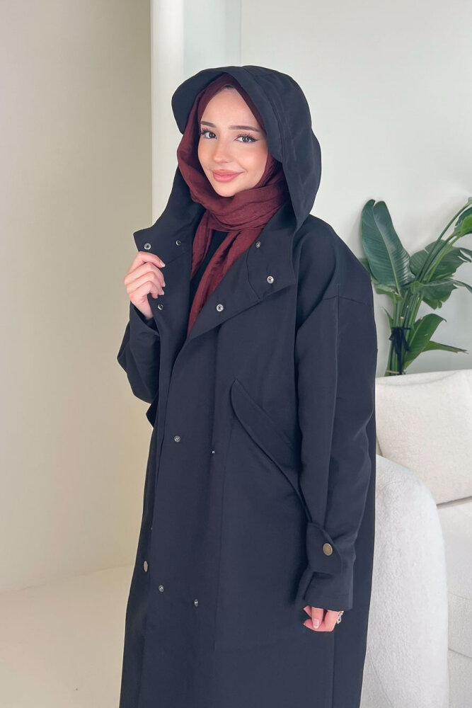 Woné Kapüşonlu Geniş Cepli Trençkot - Siyah - 2