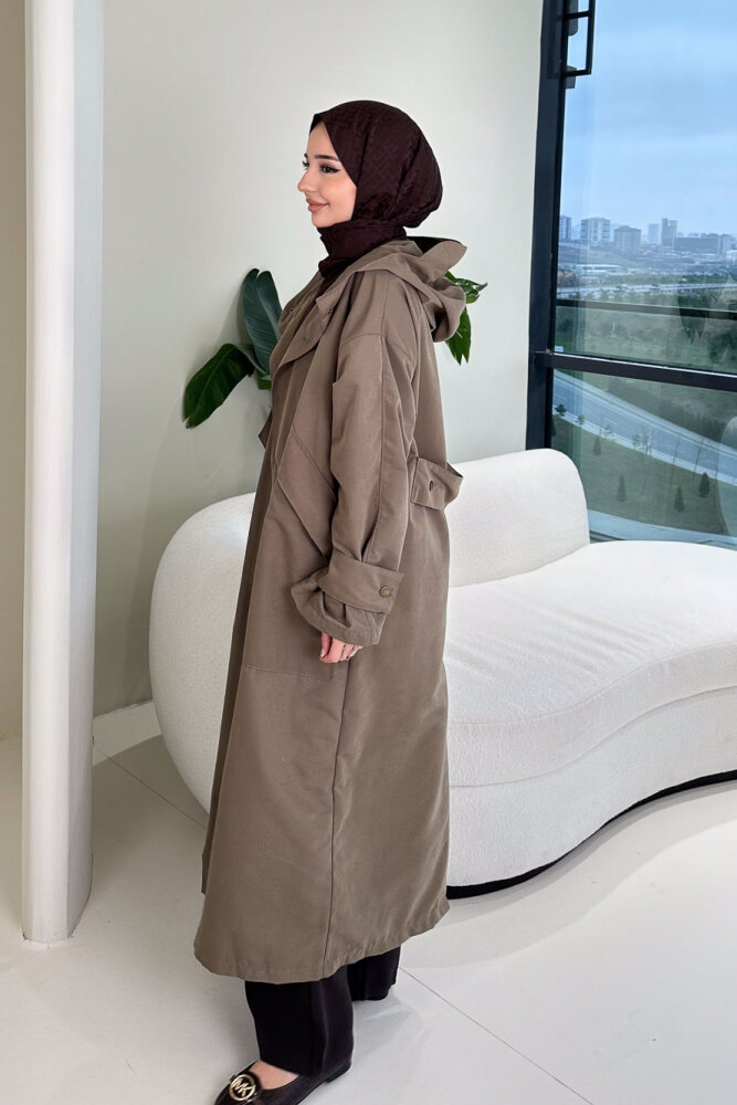 Woné Kapüşonlu Geniş Cepli Trençkot - Vizon - 3