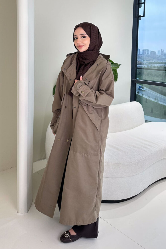 Woné Kapüşonlu Geniş Cepli Trençkot - Vizon - ALLMİSS (5)