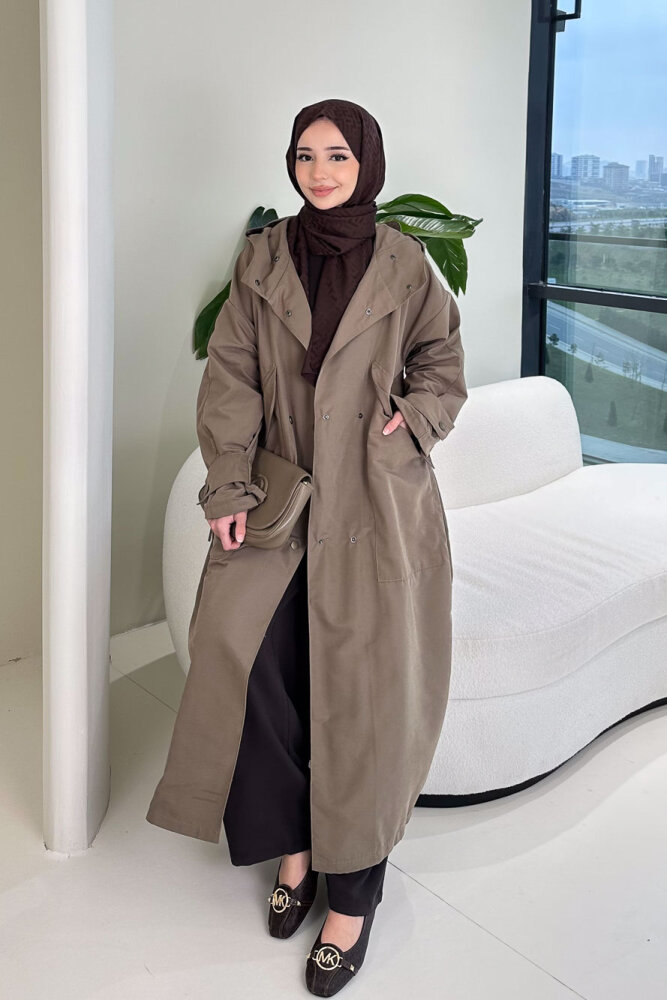 Woné Kapüşonlu Geniş Cepli Trençkot - Vizon - ALLMİSS (4)