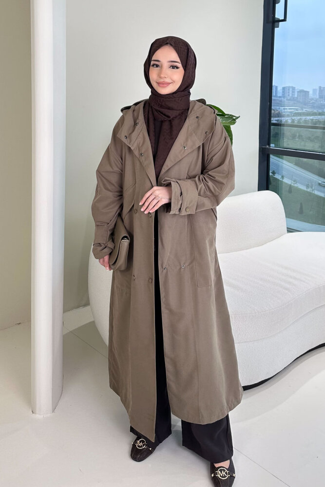 Woné Kapüşonlu Geniş Cepli Trençkot - Vizon - 1