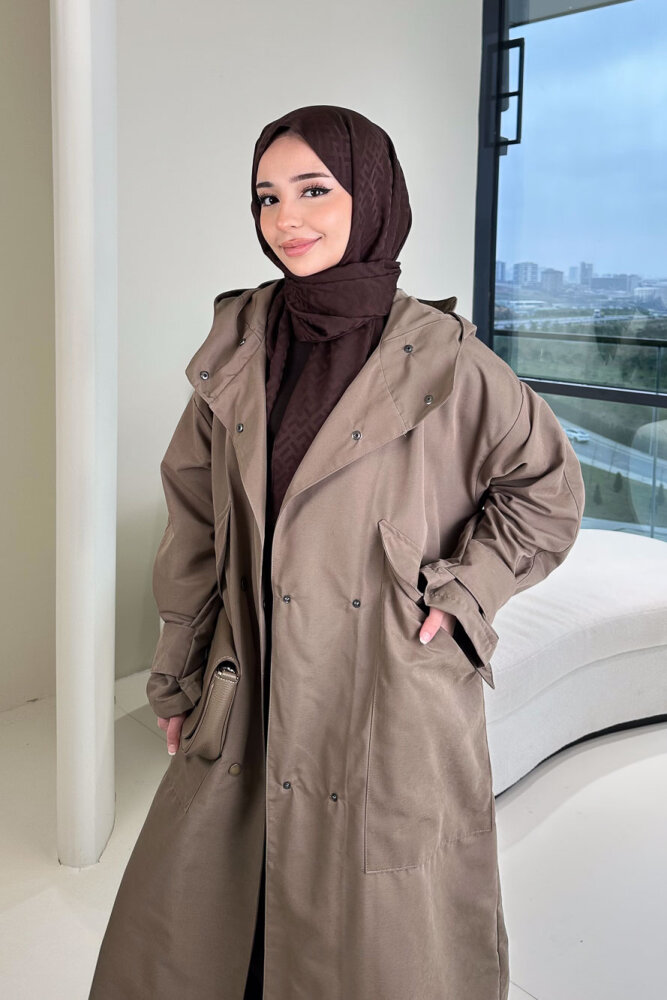 Woné Kapüşonlu Geniş Cepli Trençkot - Vizon - 8