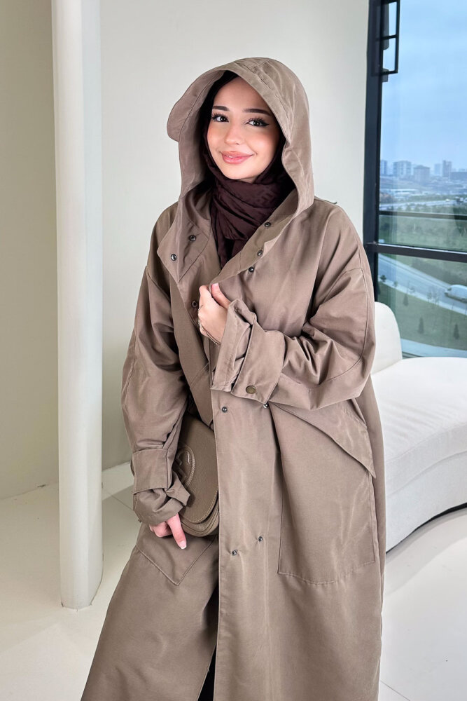 Woné Kapüşonlu Geniş Cepli Trençkot - Vizon - ALLMİSS (1)