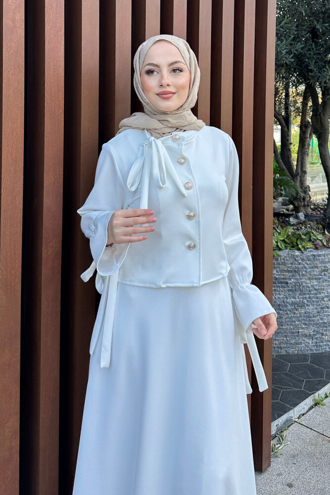 Yaka Fiyonk Detaylı Scuba Takım - Ekru - 5