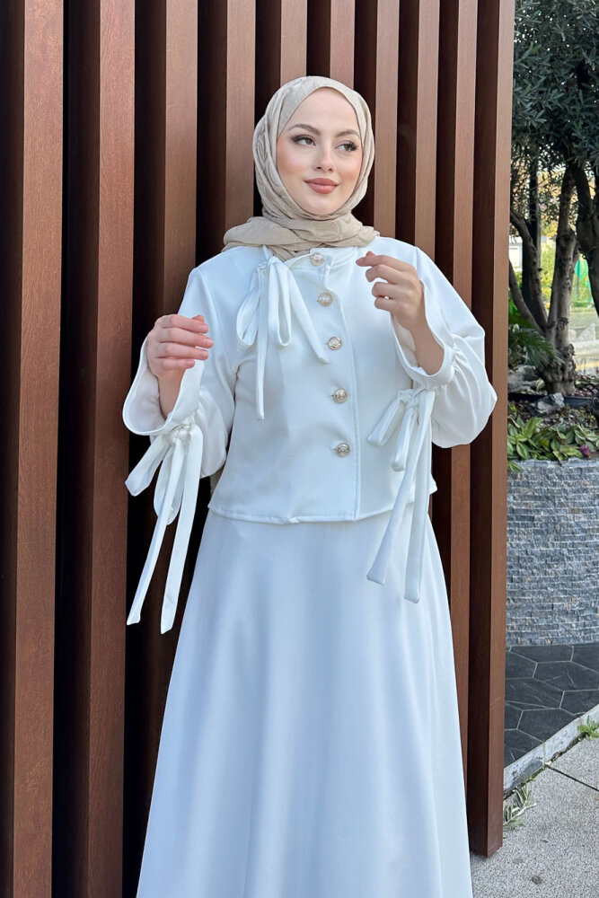 Yaka Fiyonk Detaylı Scuba Takım - Ekru - 2