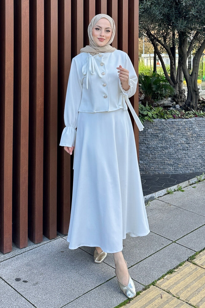 Yaka Fiyonk Detaylı Scuba Takım - Ekru - 1