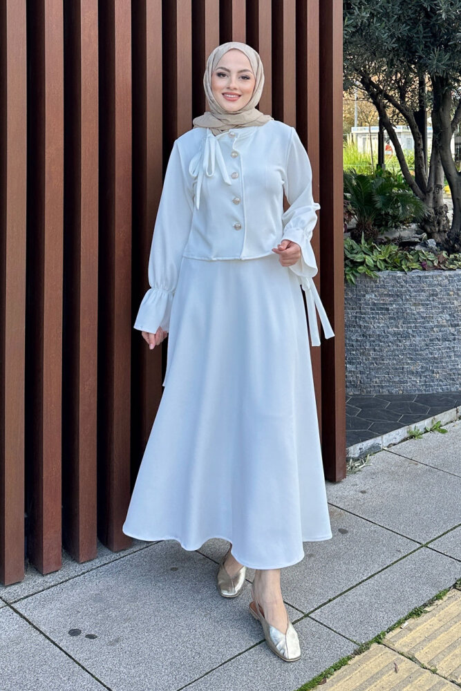 Yaka Fiyonk Detaylı Scuba Takım - Ekru - HENZA (3)