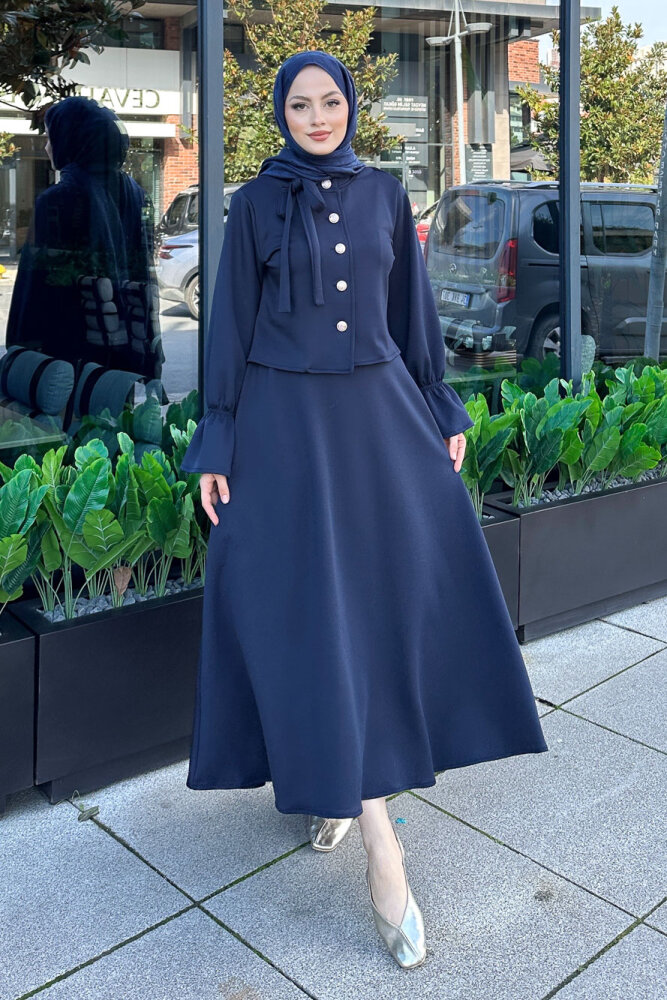 Yaka Fiyonk Detaylı Scuba Takım - Lacivert - HENZA (0)