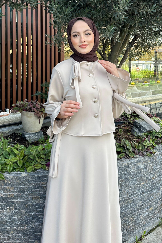 Yaka Fiyonk Detaylı Scuba Takım - Taş Rengi - HENZA (1)