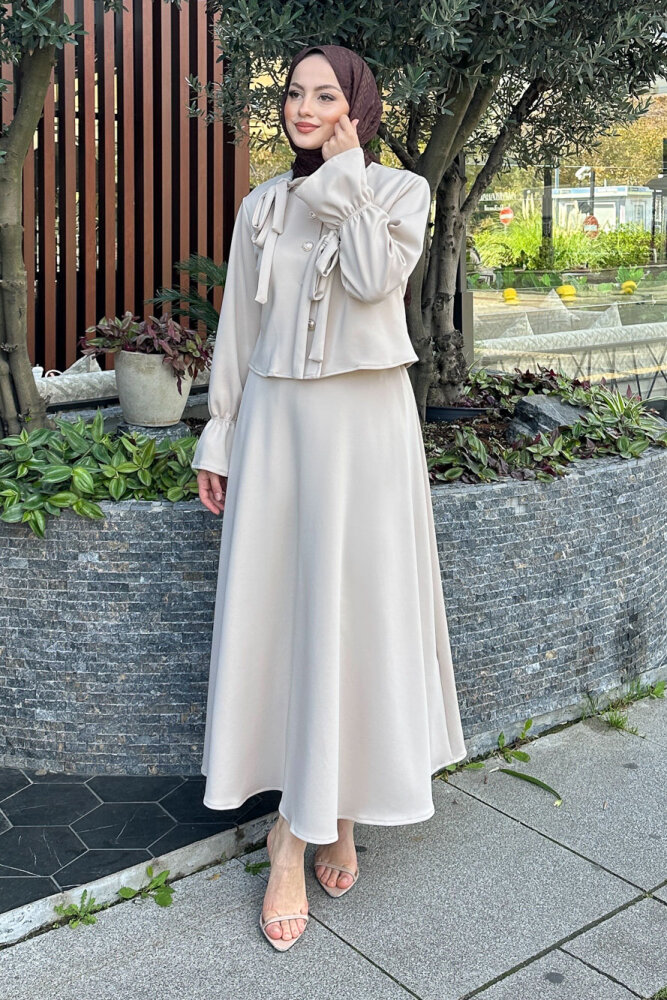 Yaka Fiyonk Detaylı Scuba Takım - Taş Rengi - 1