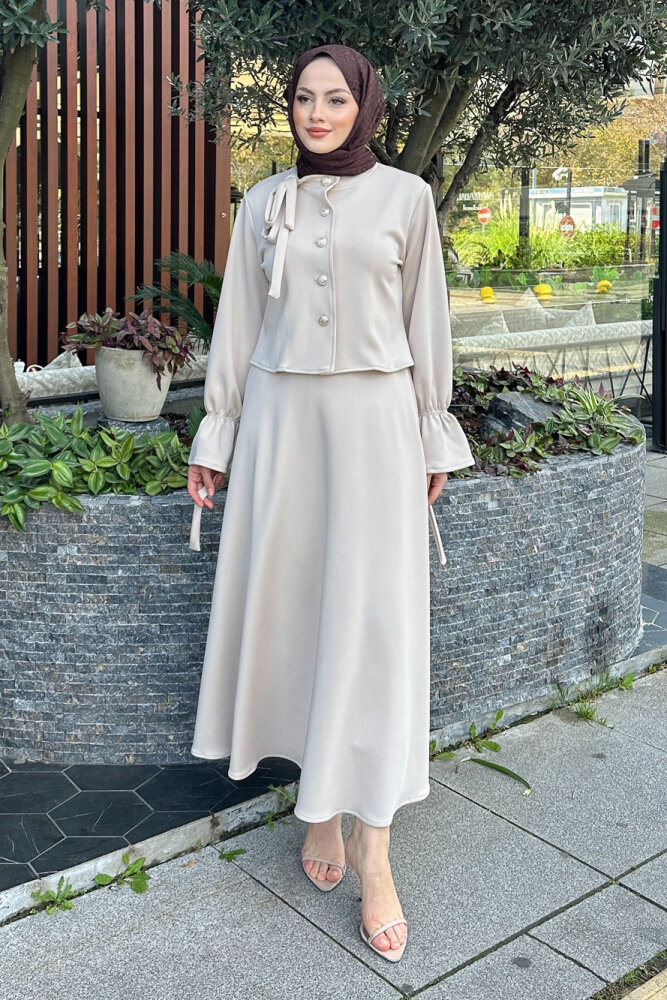 Yaka Fiyonk Detaylı Scuba Takım - Taş Rengi - 4