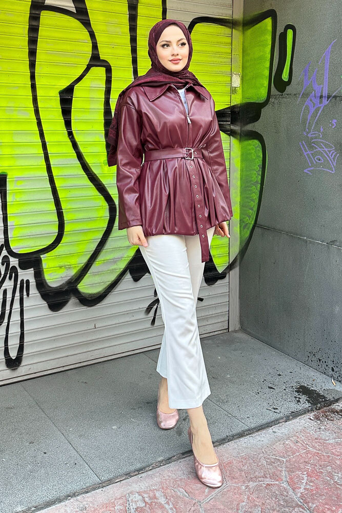 Yakalı Fermuarlı Deri Ceket - Bordo - HEWES (1)