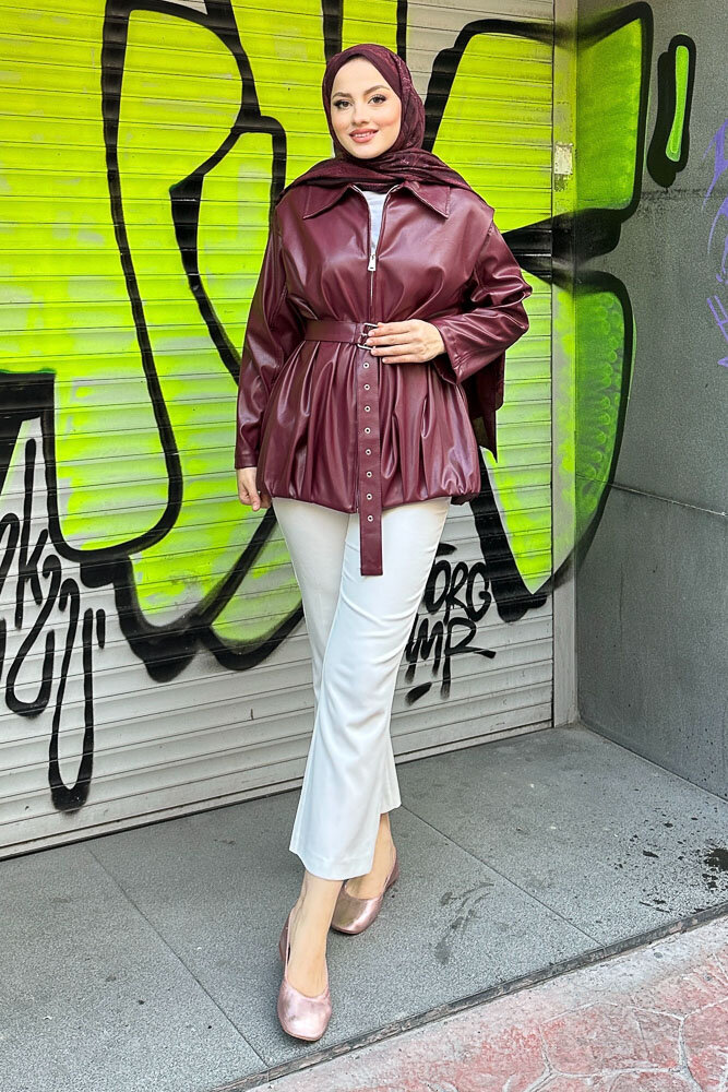 Yakalı Fermuarlı Deri Ceket - Bordo - HEWES (2)