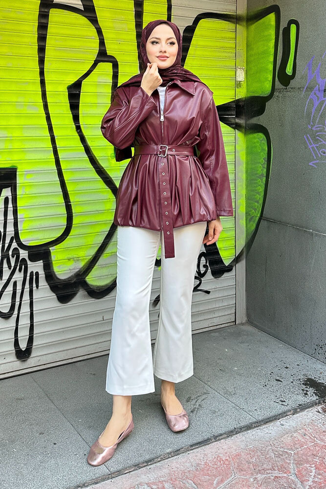 Yakalı Fermuarlı Deri Ceket - Bordo - HEWES (4)