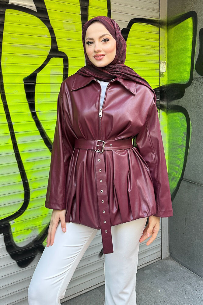 Yakalı Fermuarlı Deri Ceket - Bordo - 1