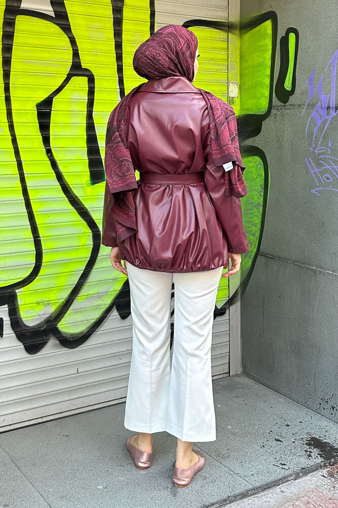 Yakalı Fermuarlı Deri Ceket - Bordo - 8