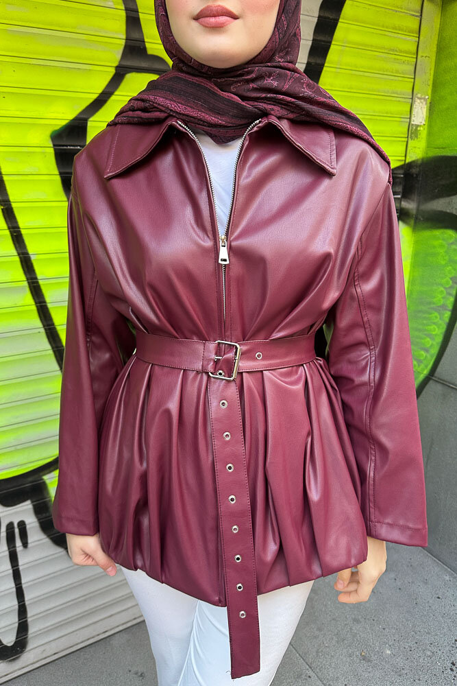 Yakalı Fermuarlı Deri Ceket - Bordo - HEWES (3)