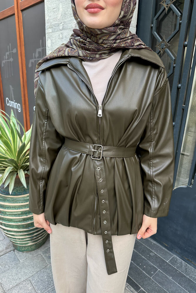 Yakalı Fermuarlı Deri Ceket - Haki - HEWES (3)