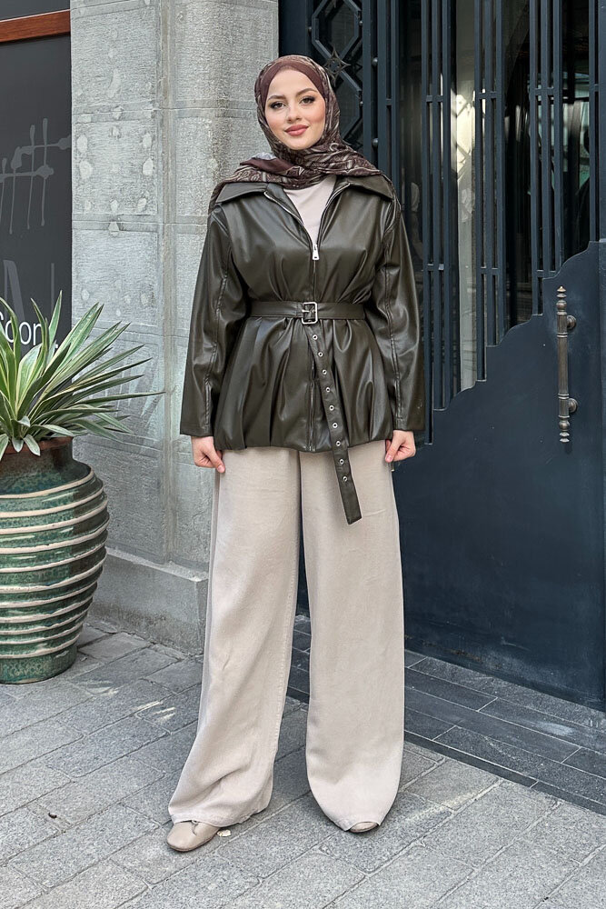 Yakalı Fermuarlı Deri Ceket - Haki - HEWES (5)