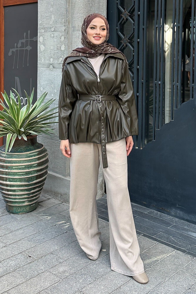 Yakalı Fermuarlı Deri Ceket - Haki - HEWES (4)