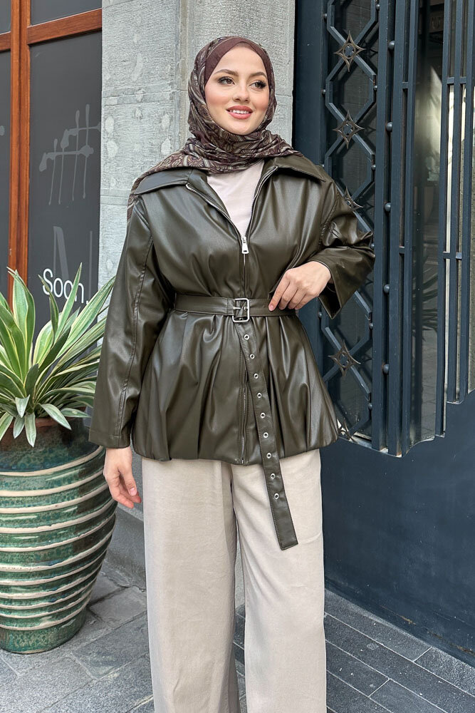 Yakalı Fermuarlı Deri Ceket - Haki - 2