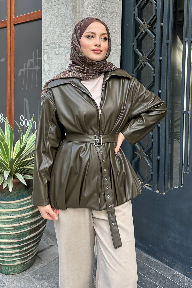 Yakalı Fermuarlı Deri Ceket - Haki - 3