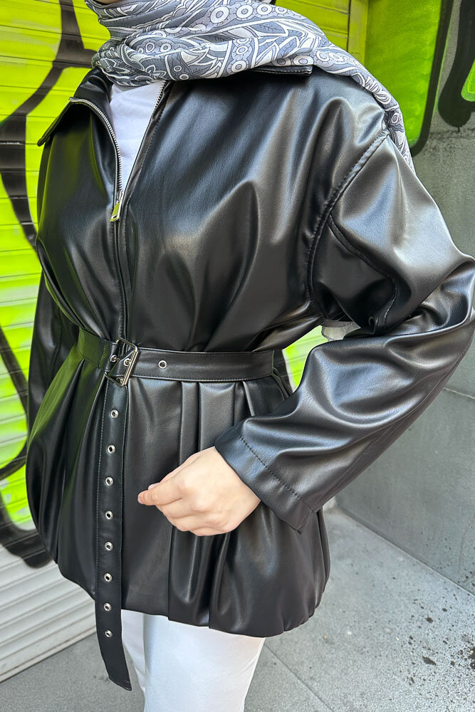 Yakalı Fermuarlı Deri Ceket - Siyah - HEWES (2)