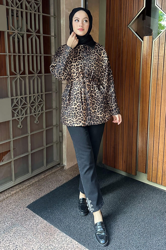 Yakası Deri Gizli Fermuarlı Leopar Ceket - Kahverengi - HEWES (3)