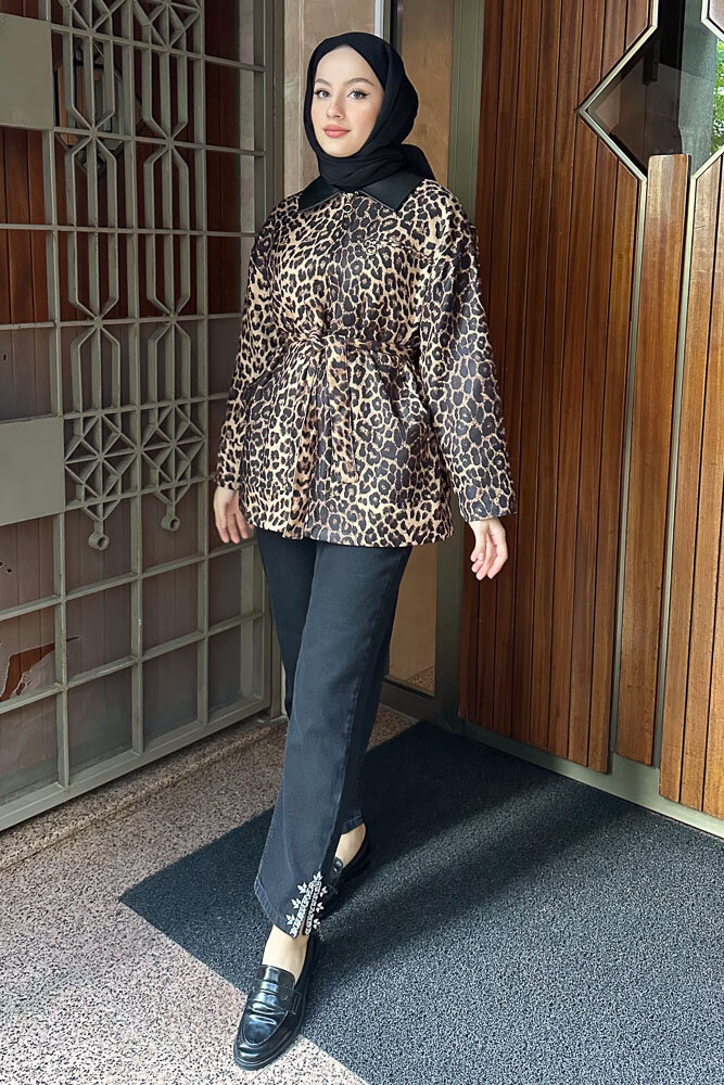 Yakası Deri Gizli Fermuarlı Leopar Ceket - Kahverengi - HEWES (5)