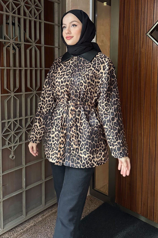 Yakası Deri Gizli Fermuarlı Leopar Ceket - Kahverengi - 5