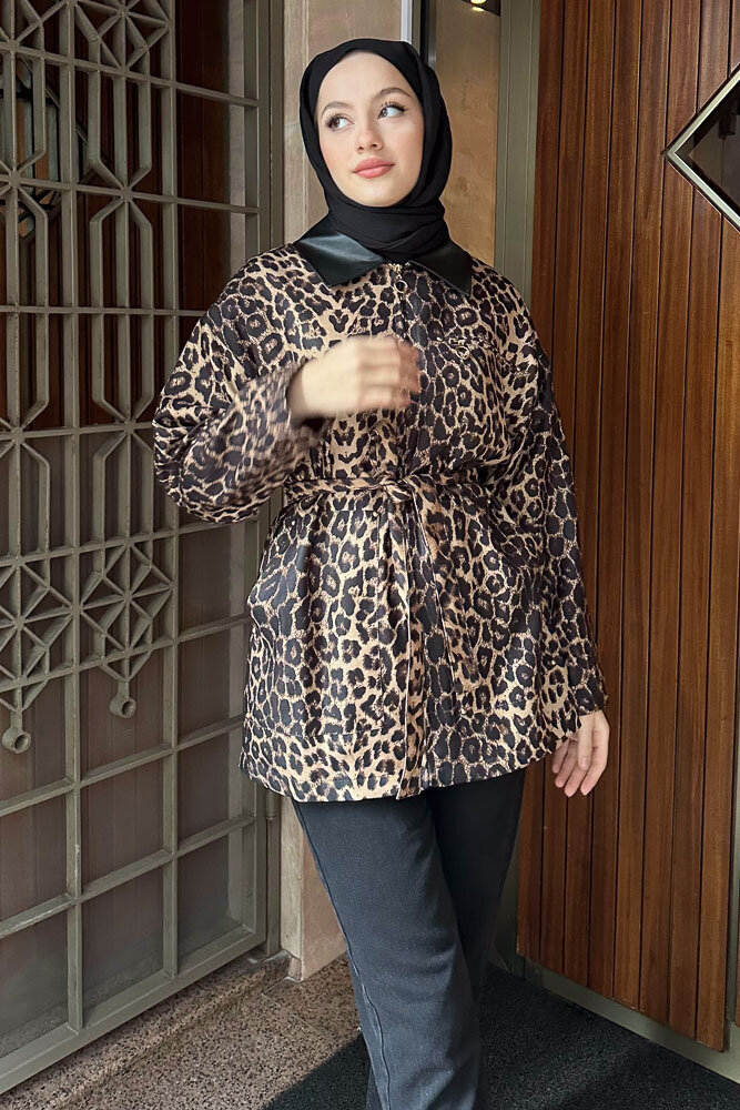 Yakası Deri Gizli Fermuarlı Leopar Ceket - Kahverengi - HEWES (1)