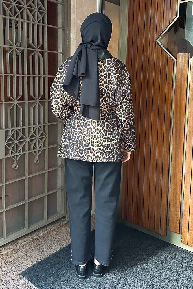 Yakası Deri Gizli Fermuarlı Leopar Ceket - Kahverengi - 8
