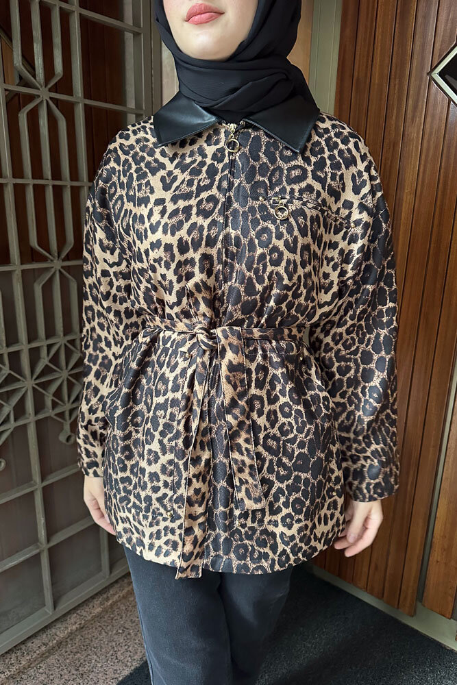 Yakası Deri Gizli Fermuarlı Leopar Ceket - Kahverengi - HEWES (2)