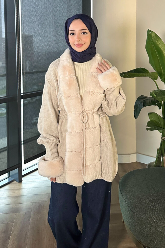 Yakası Kürk Detaylı Hırka - Bej - ANONİM (2)