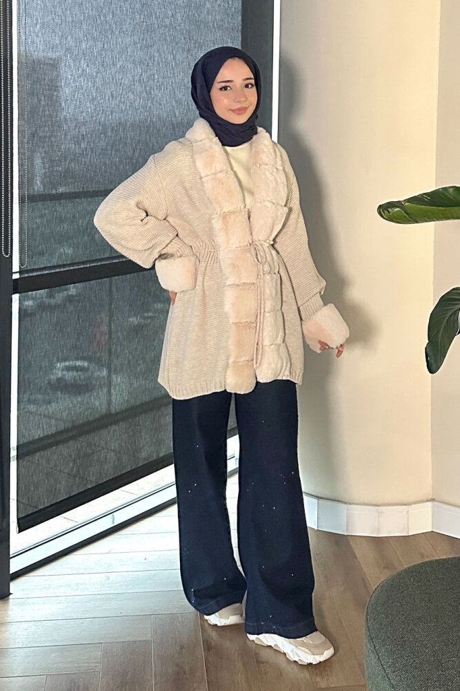 Yakası Kürk Detaylı Hırka - Bej - 5