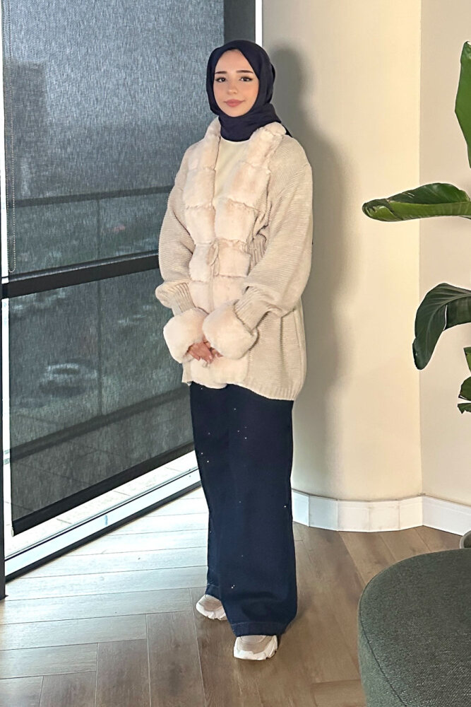 Yakası Kürk Detaylı Hırka - Bej - 7