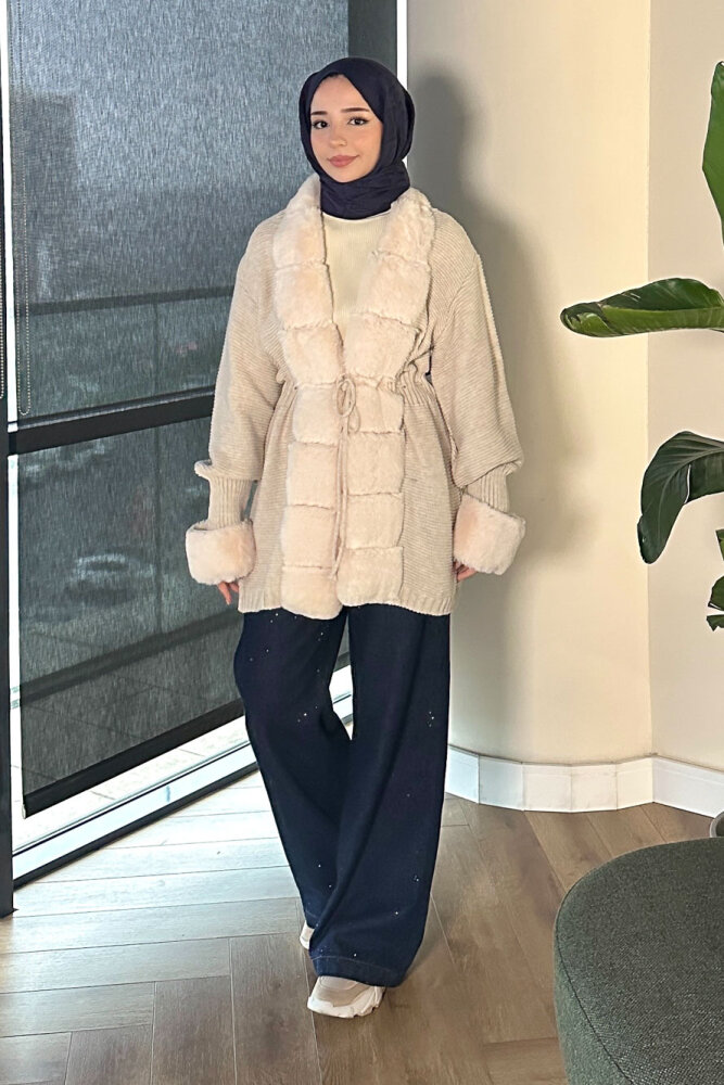 Yakası Kürk Detaylı Hırka - Bej - ANONİM (0)