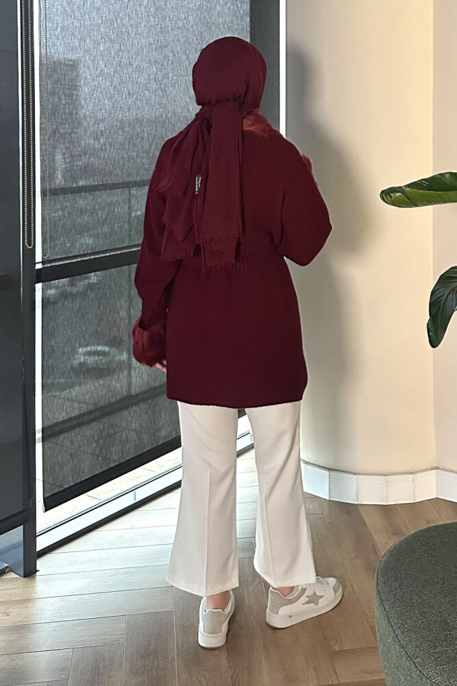 Yakası Kürk Detaylı Hırka - Bordo - 7