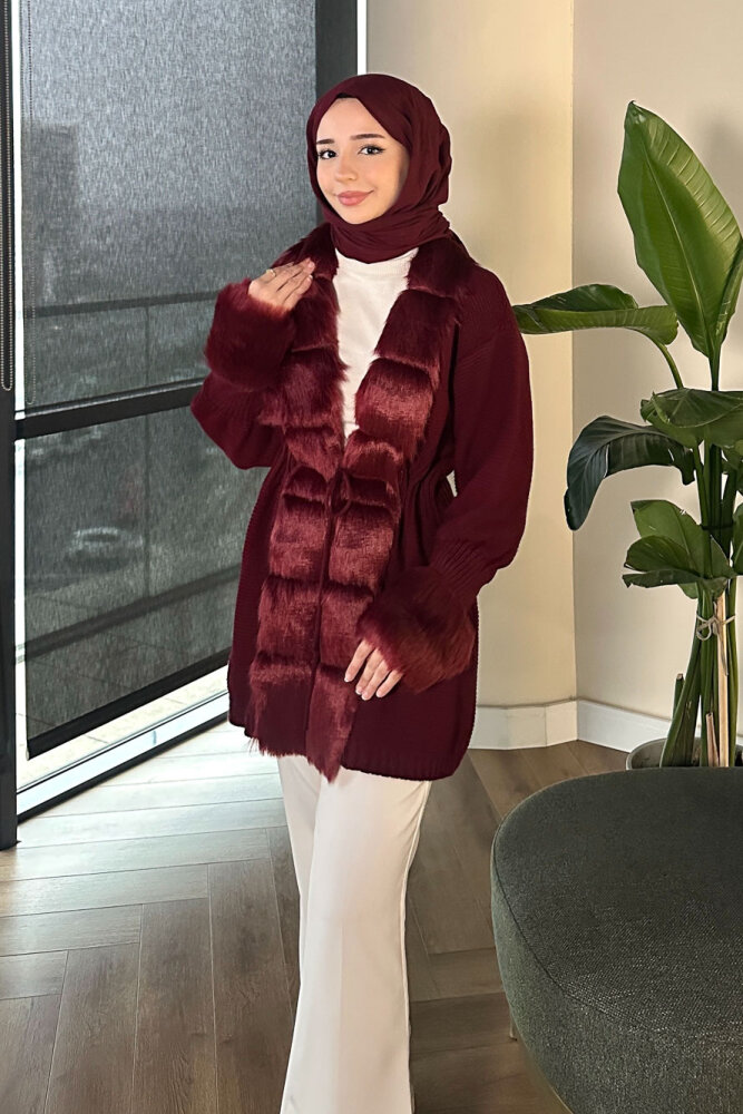 Yakası Kürk Detaylı Hırka - Bordo - 1