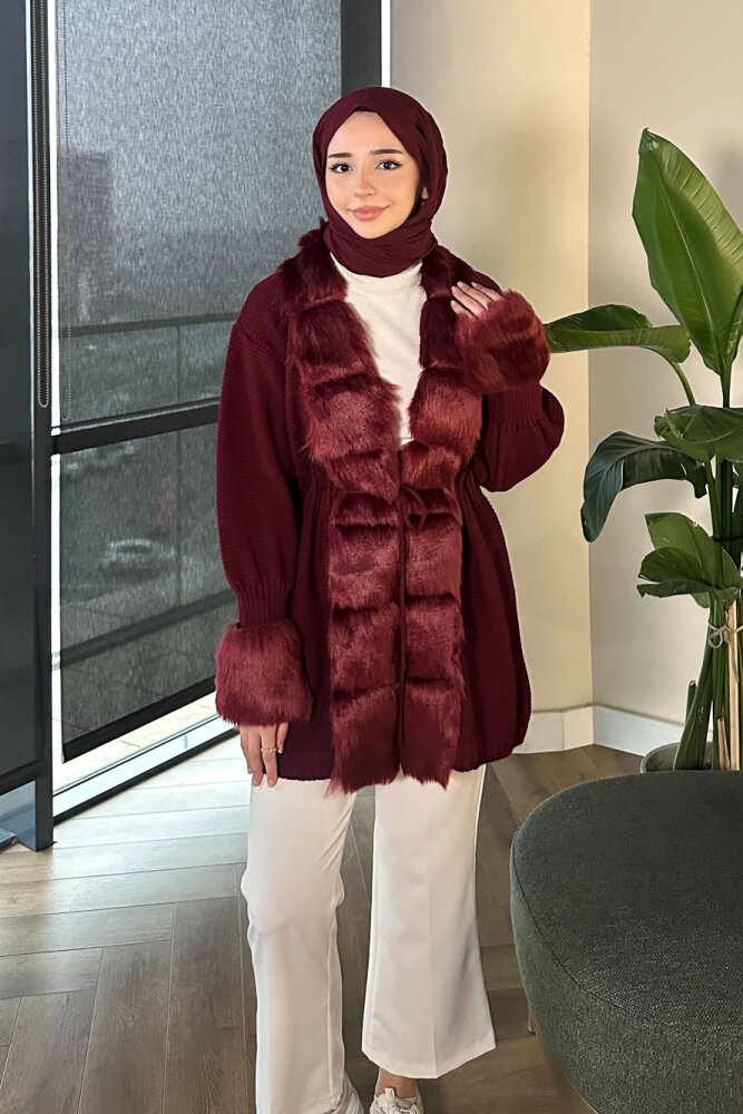 Yakası Kürk Detaylı Hırka - Bordo - 6