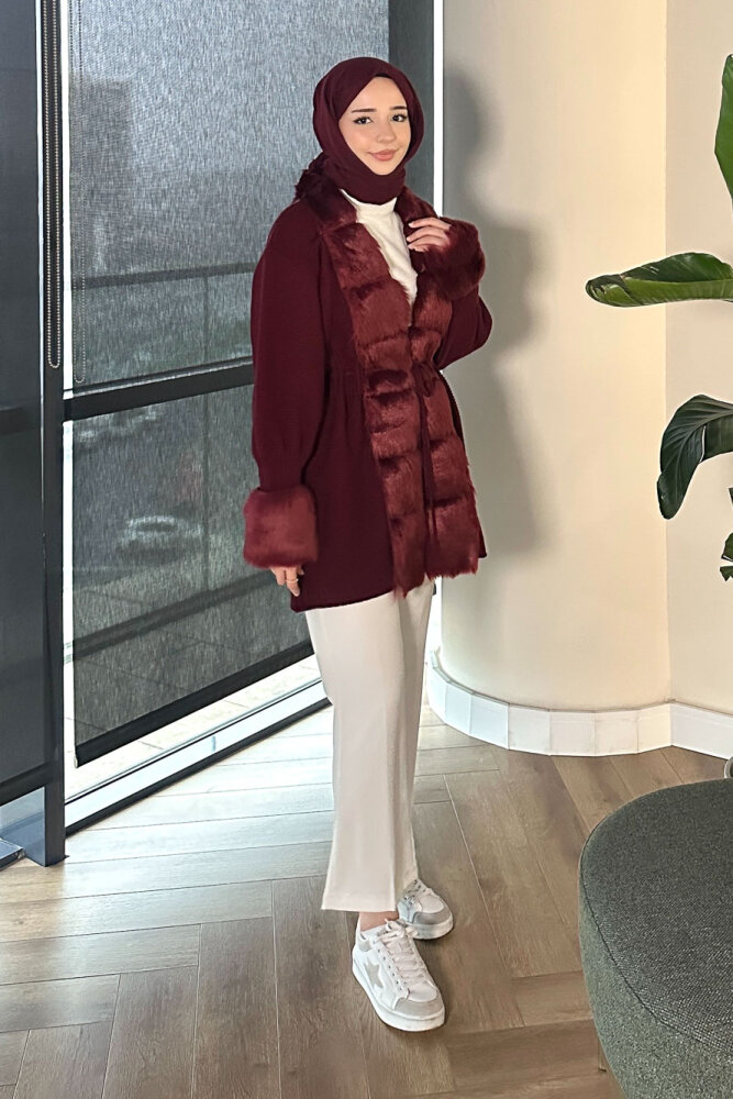 Yakası Kürk Detaylı Hırka - Bordo - 5