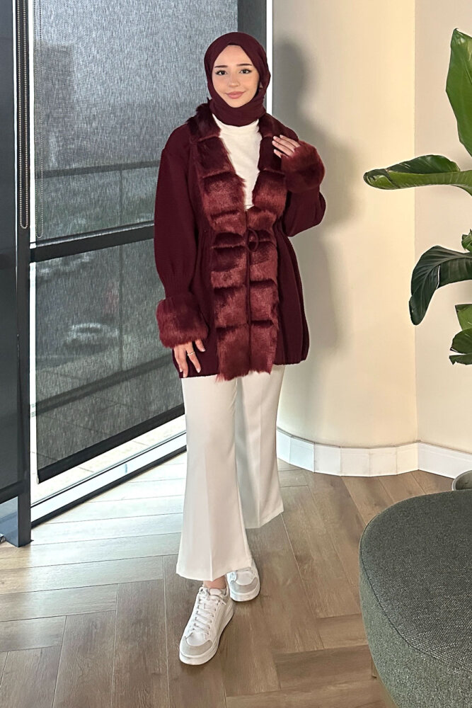 Yakası Kürk Detaylı Hırka - Bordo - ANONİM (1)
